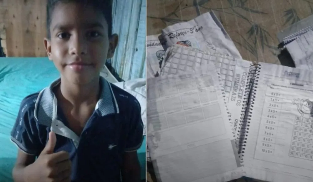 Criança de apenas 8 anos teve seu material escolar destruído pela forte chuva que caiu sobre Manaus.